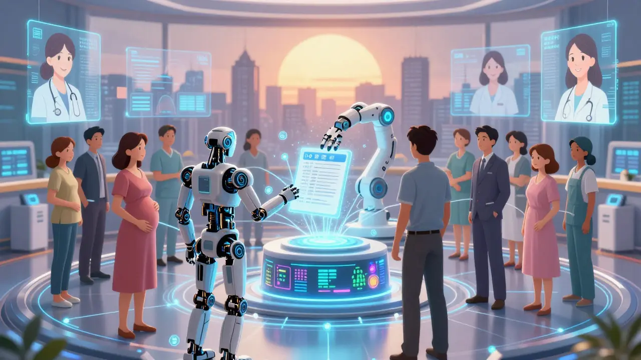 Diverse patients connect to a central AI hub displaying inclusive pregnancy data and registry enrollment.