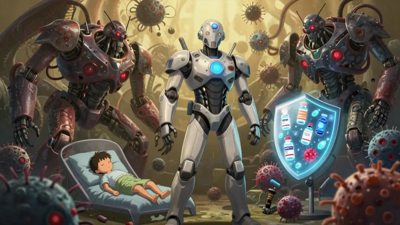 Doctor protected by vaccine armor, facing monstrous antibiotic-resistant superbugs.