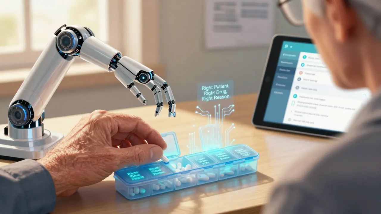 Elderly man using a smart pill organizer with glowing safety labels.