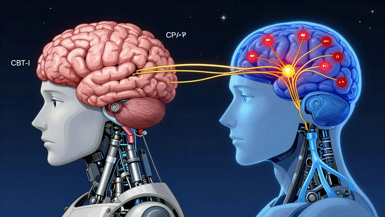 Human brain with mechanical CPAP and cognitive CBT-I pathways battling sleep disruption in cybernetic style.