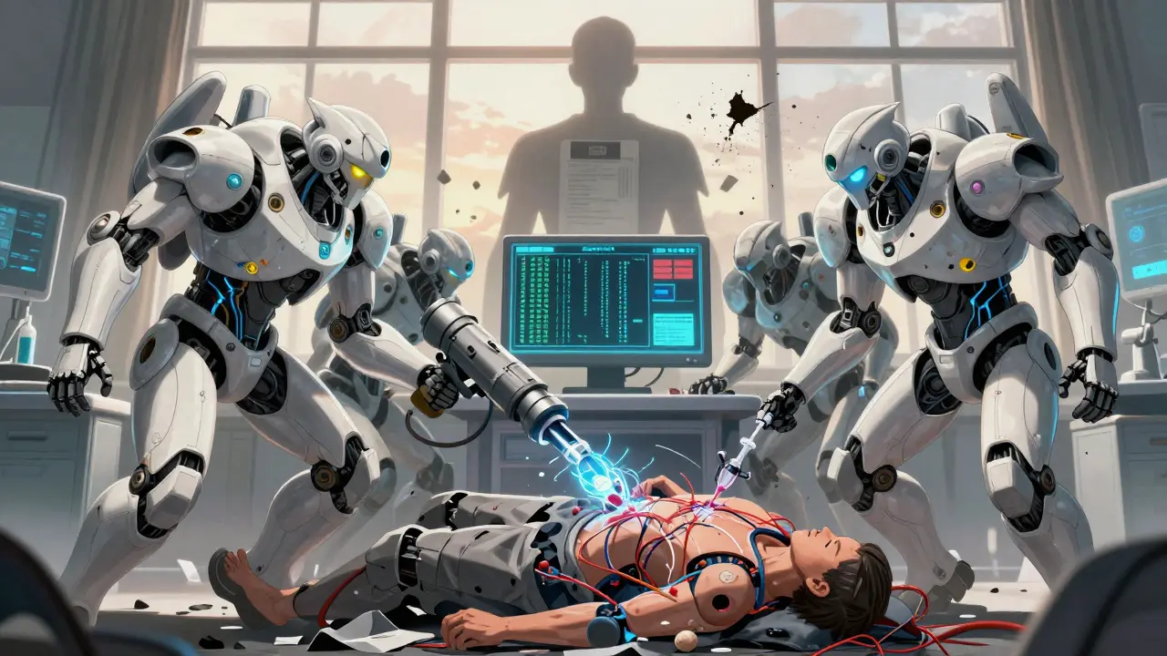 Medical mechs administering treatments to a patient, with genetic warnings glowing on a screen as a drug label crumbles in the background.