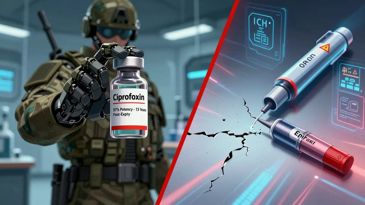 Military vial with 97% potency vs. leaking EpiPen, digital readouts and warning symbols.