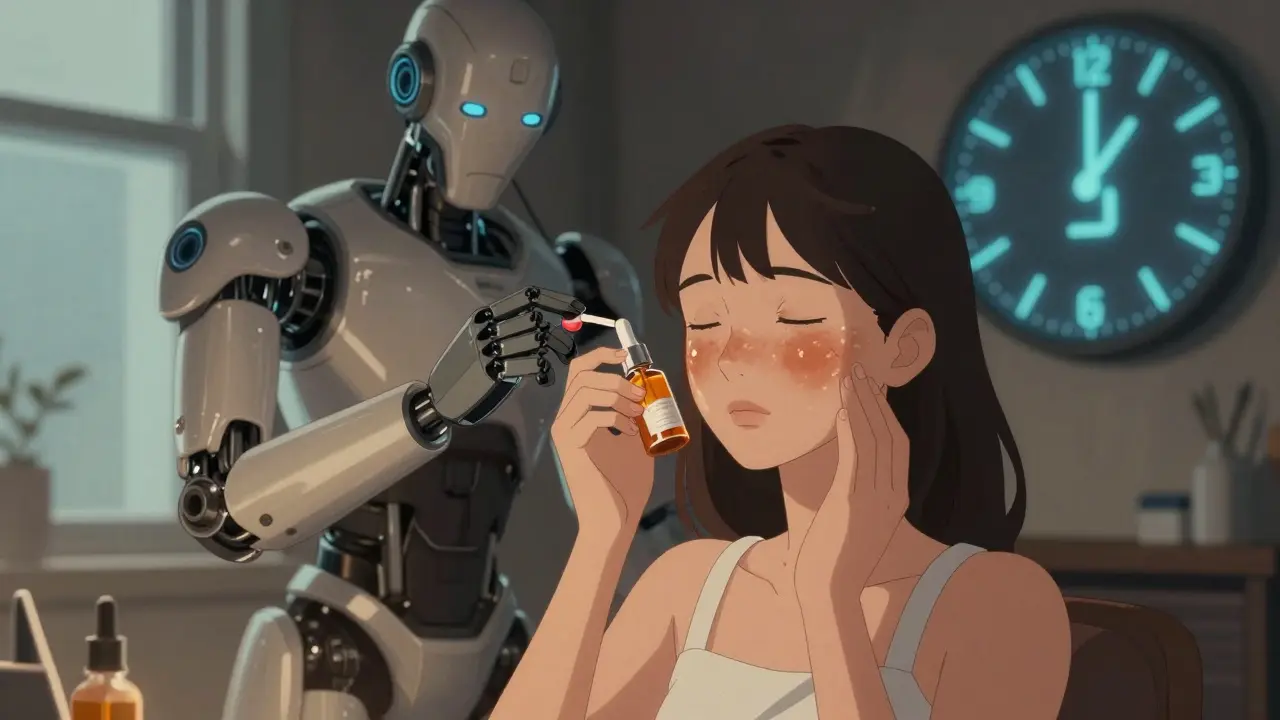 Nighttime skincare ritual with glowing serums and robotic light-blocking guardian