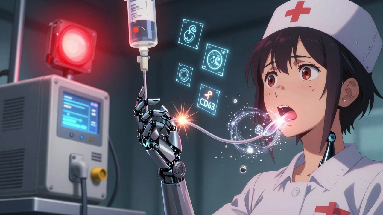 Nurse snaps chemotherapy IV line as red warning pulses and digital diagnostic icons hover around a patient&#039;s face showing allergic reaction.