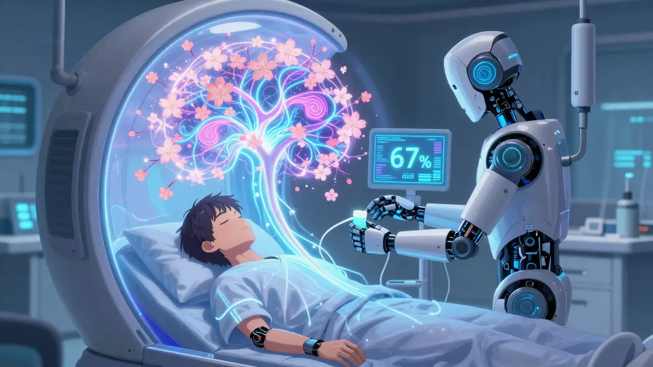 Patient in a futuristic VA clinic receiving MDMA therapy as neural pathways bloom into symbols of peace.