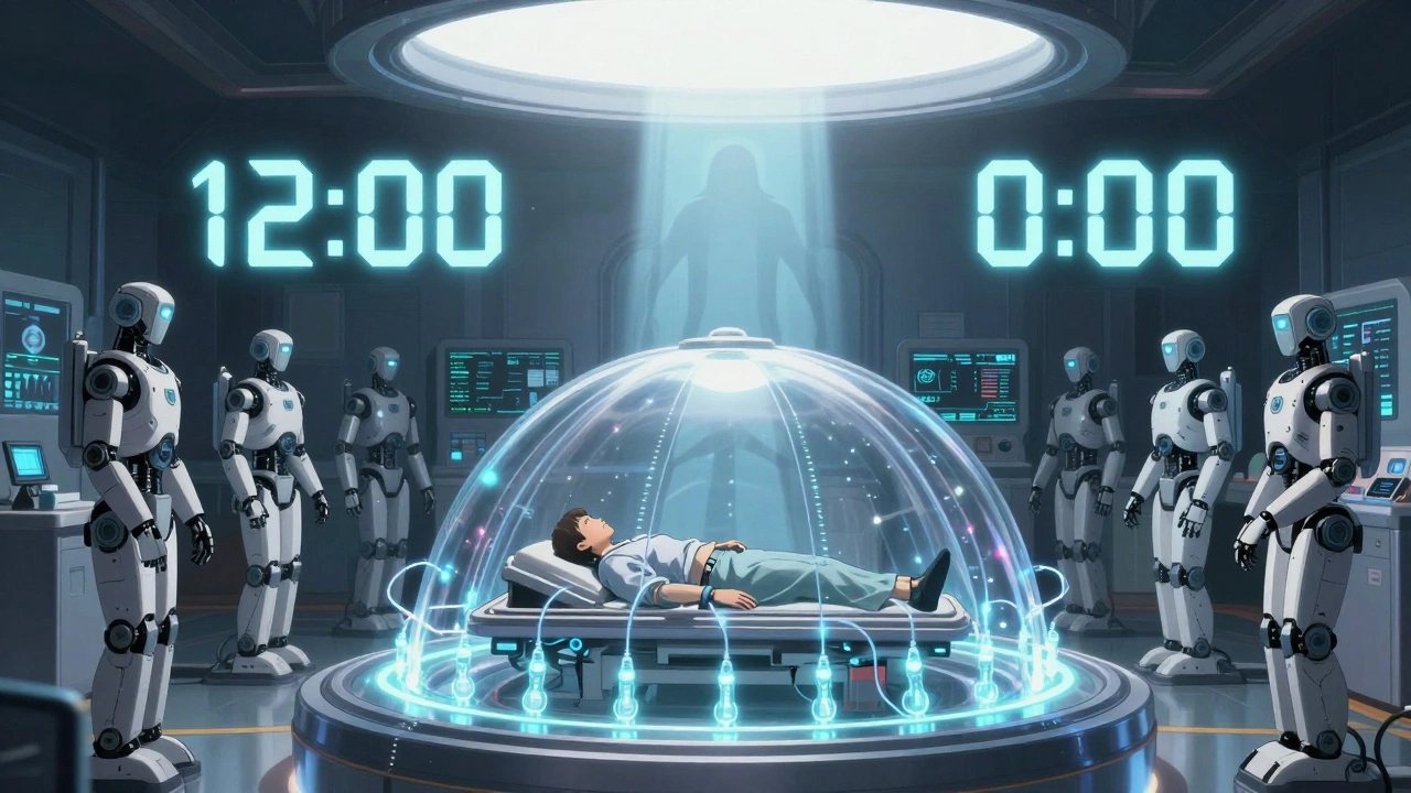 Patient in transparent desensitization pod surrounded by robotic infusion nozzles, with a shadow of past anaphylaxis looming nearby.