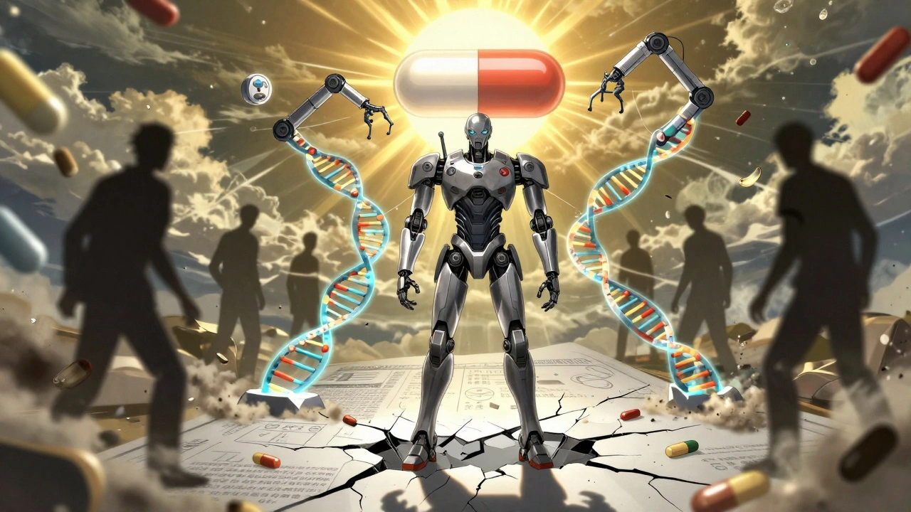 Patient surrounded by DNA strands and crumbling medications under a pill-shaped sunrise.