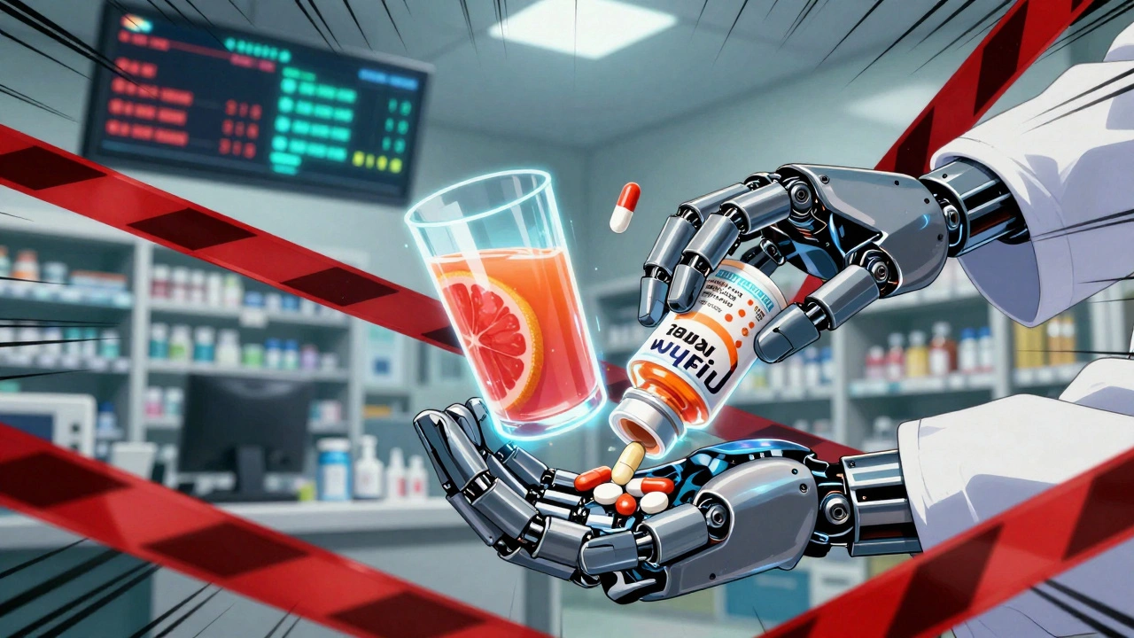 Pharmacist hands a prescription while holographic warnings surround dangerous drug combinations.