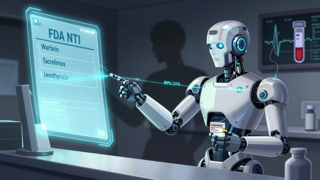 Pharmacist points to a holographic NTI drug list, comparing brand and generic pills with a thin bioequivalence boundary.