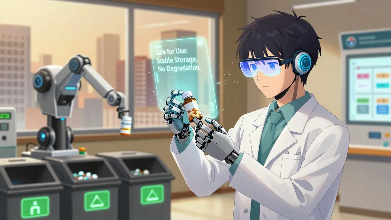 Pharmacist scanning pill bottle with holographic safety confirmation, robotic arm sorting meds.