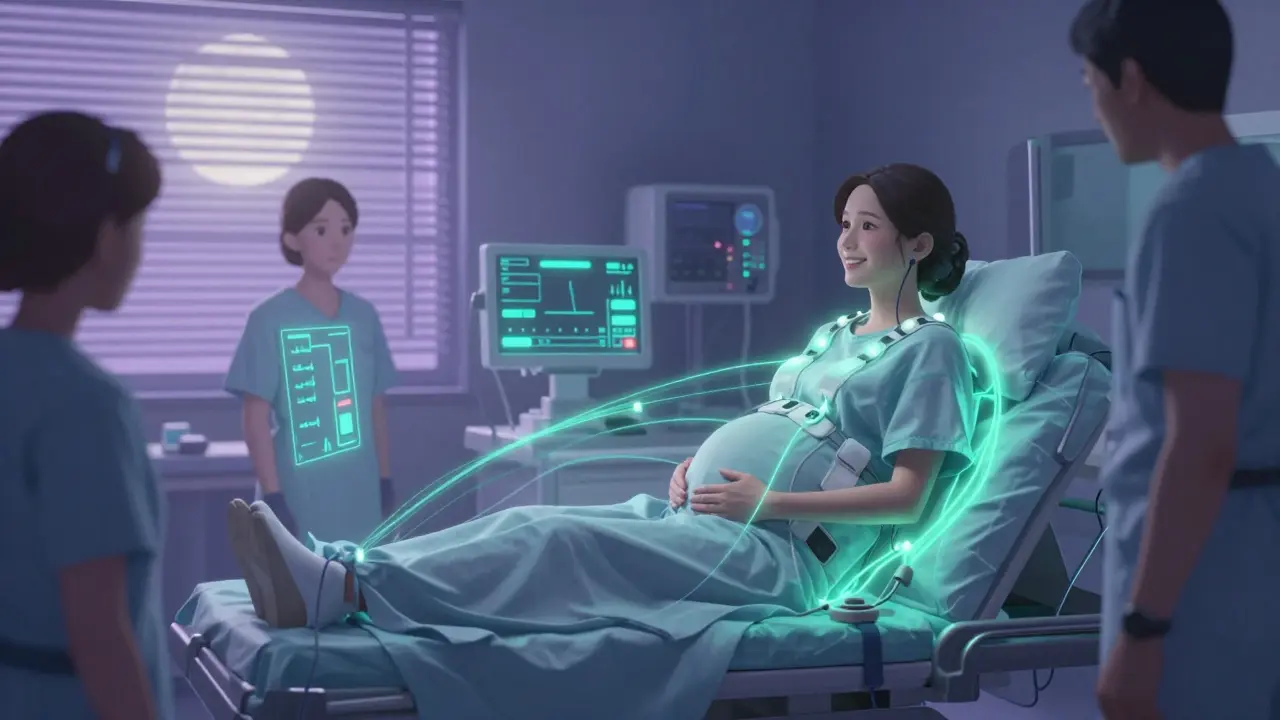 Pregnant woman using TENS during labor, neon energy waves calming contractions in a futuristic hospital.