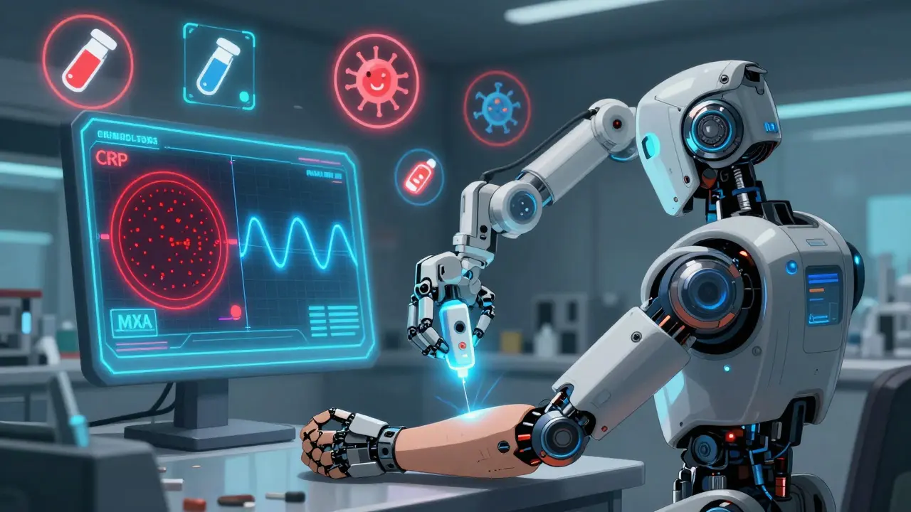 Robotic diagnostic console projecting holograms of bacterial and viral biomarkers.