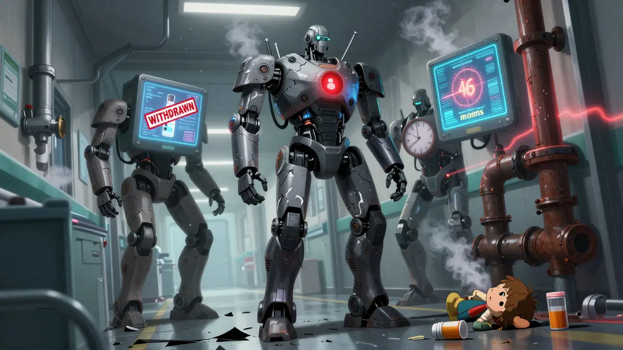 Robotic doctors freeze in a hospital corridor as holograms of withdrawn drugs flicker above abandoned prescriptions.
