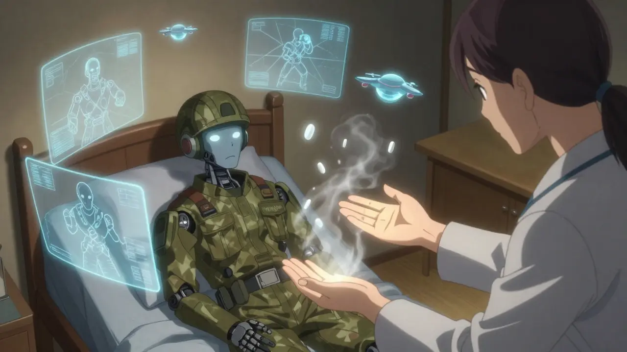 Soldier in therapy as ghostly battle memories dissolve into ash, prazosin pills hovering nearby in serene lighting.