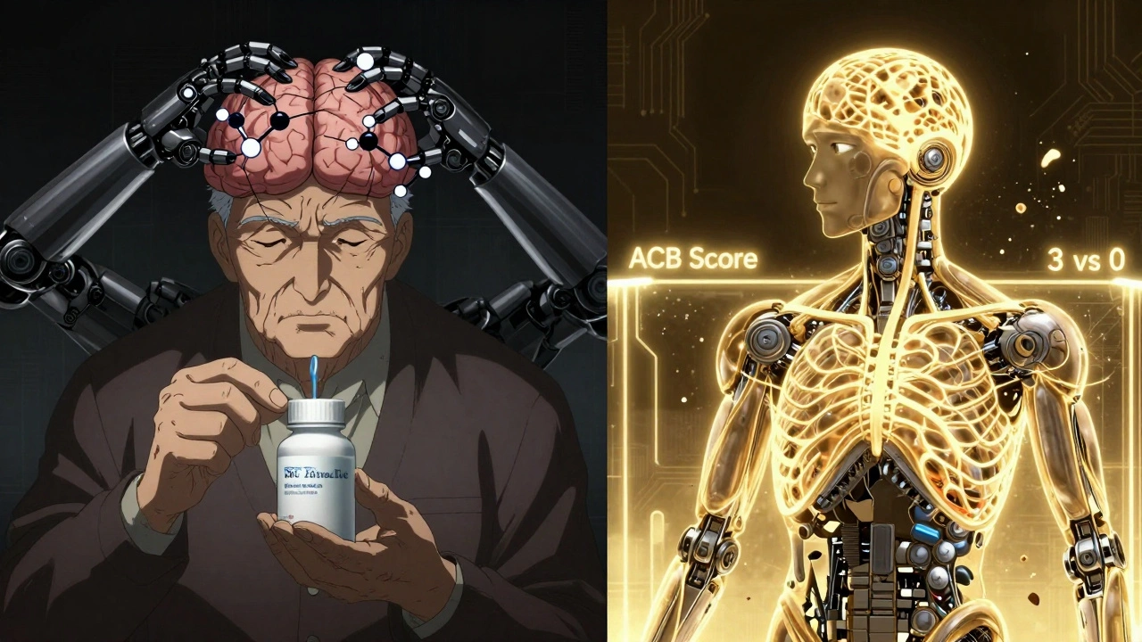 Split scene: one side shows brain signals blocked by chemical robots, the other shows clean light flowing through neurons with safer medication.