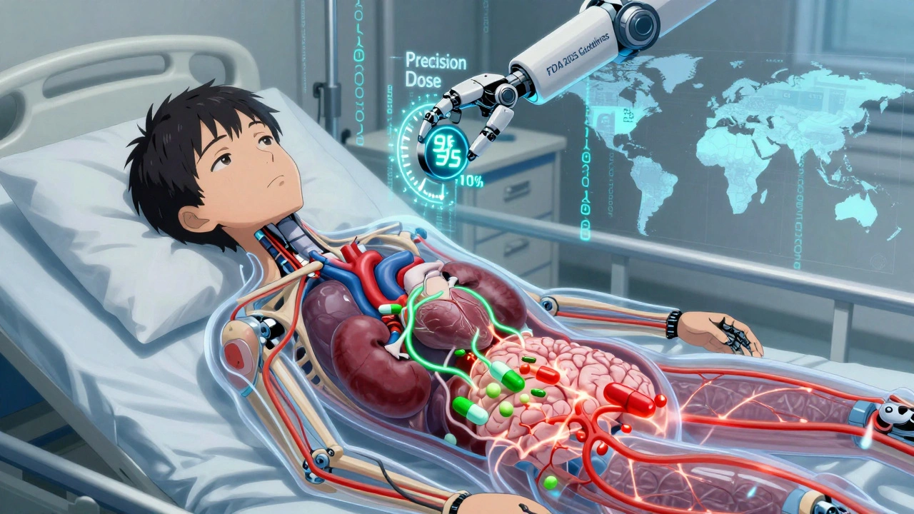 Transparent patient body shows unstable organ pathways from conflicting generics, with FDA precision dial glowing above.