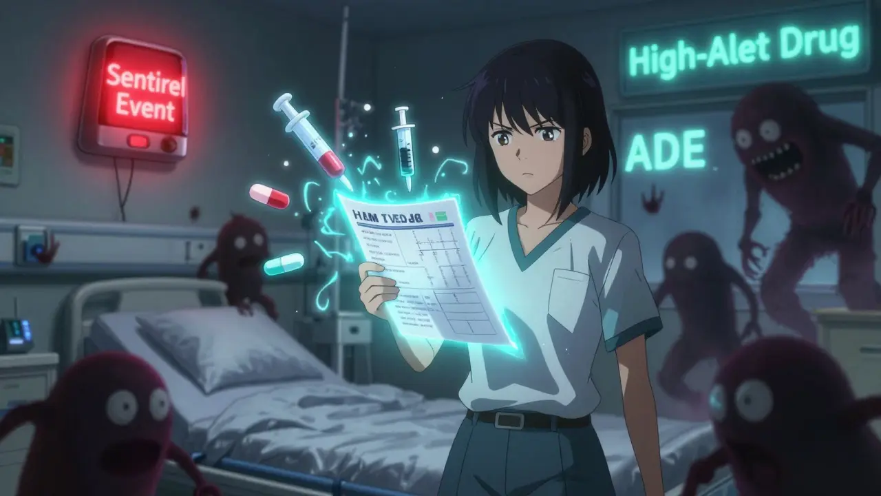 Woman protecting a hospital bed with a medication list that blocks error creatures.