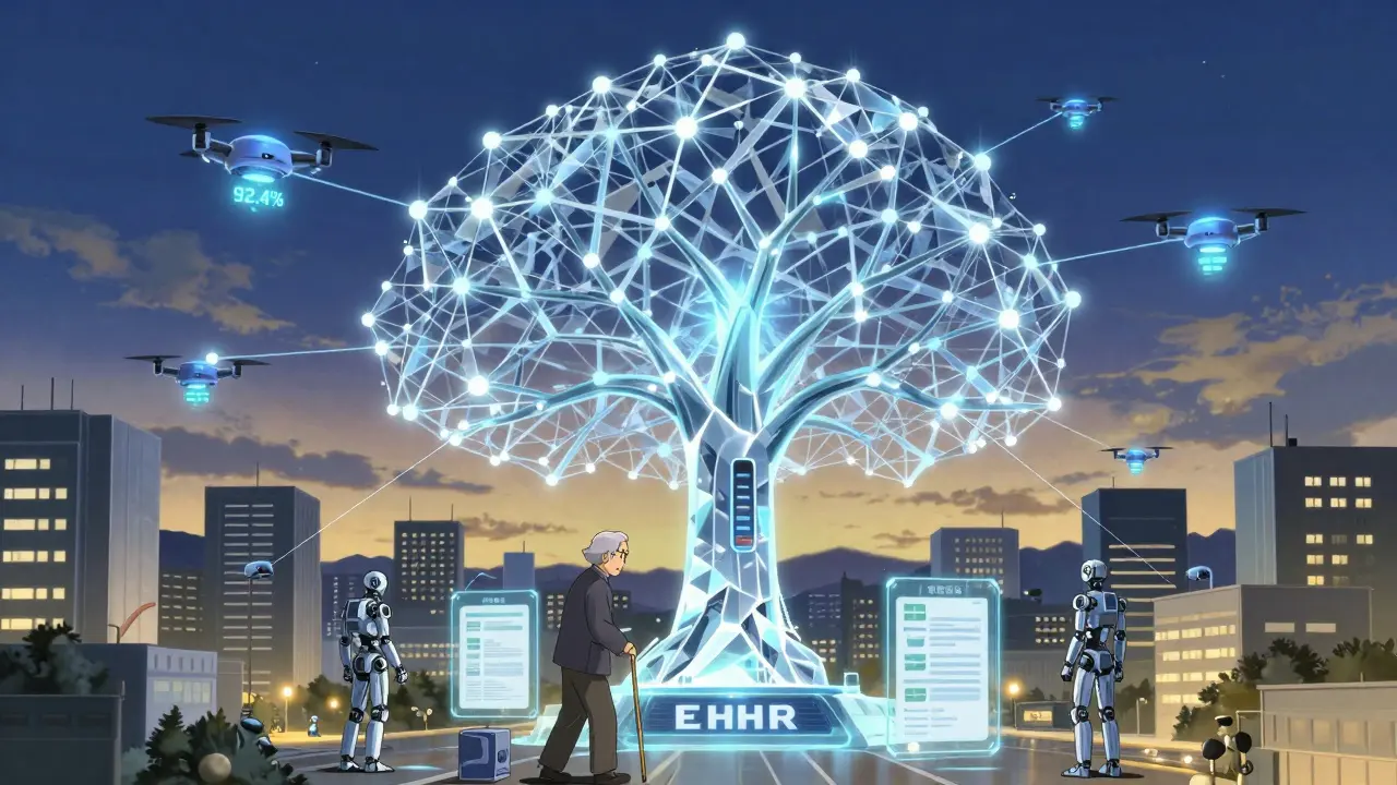 A blockchain prescription tree connects pharmacies and hospitals under AI drones monitoring safety.
