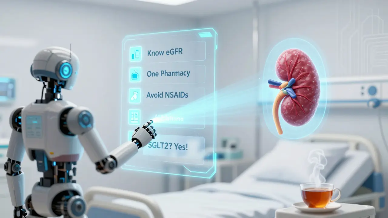 A floating medical checklist glows above a hospital bed, guiding kidney-safe medication choices.