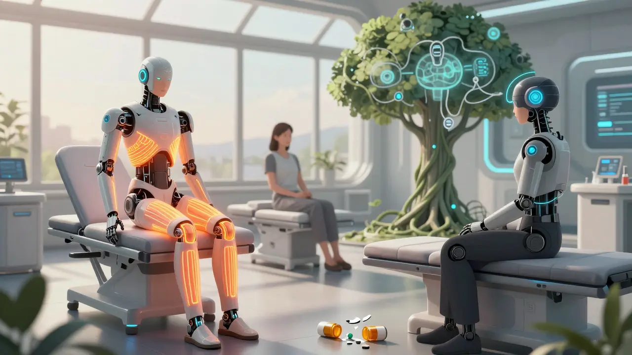 A futuristic clinic where patients use heat exosuits and neural therapy instead of pills, shattered pill bottles on floor.