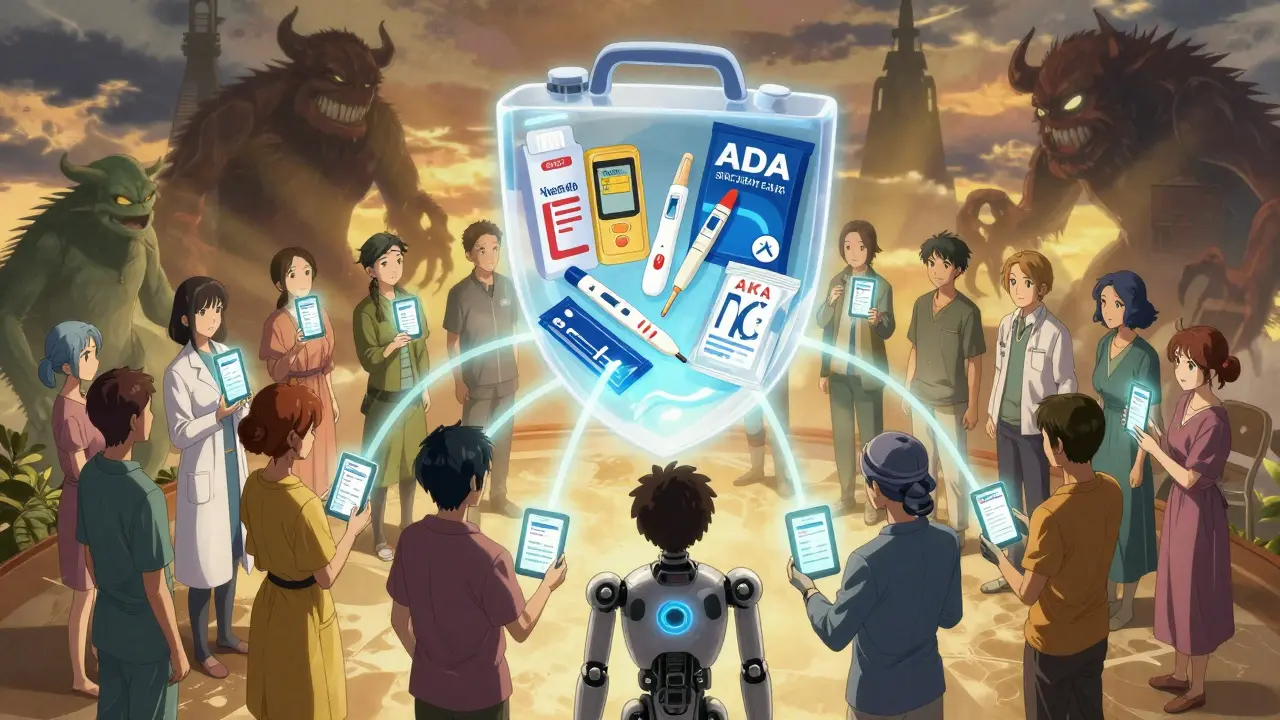 A group of patients connected by light beams, surrounded by a hovering sick-day kit with medical supplies glowing above them.