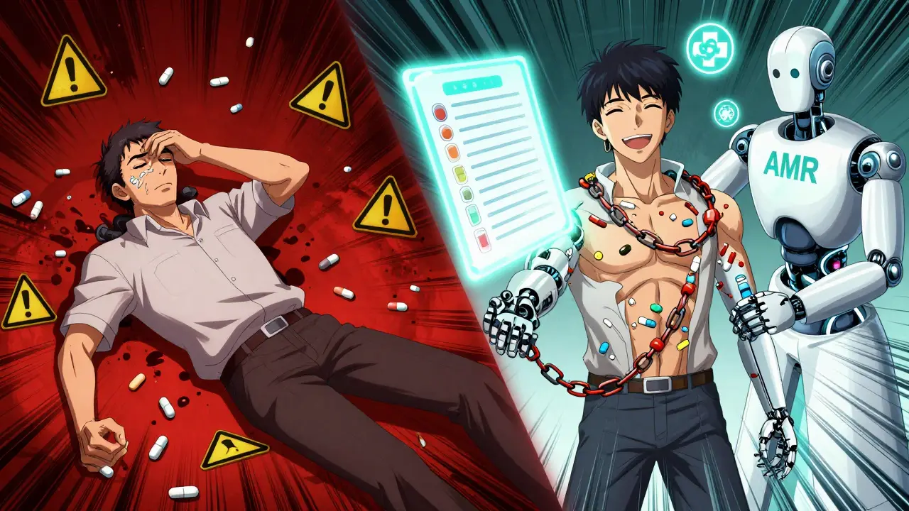 A man transforms from dizzy and weak to energized after a medication review, with toxic drug chains being removed.