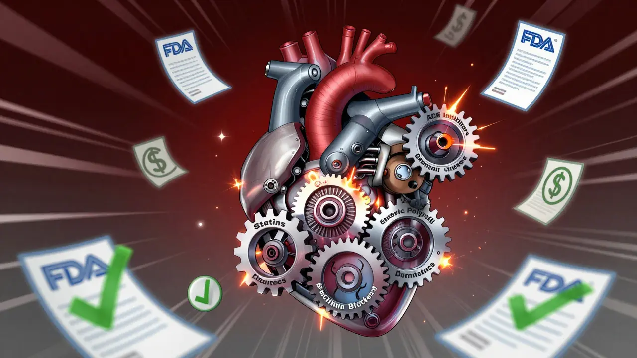 A mechanical heart with four gears merging into one unified polypill gear, surrounded by certification seals.