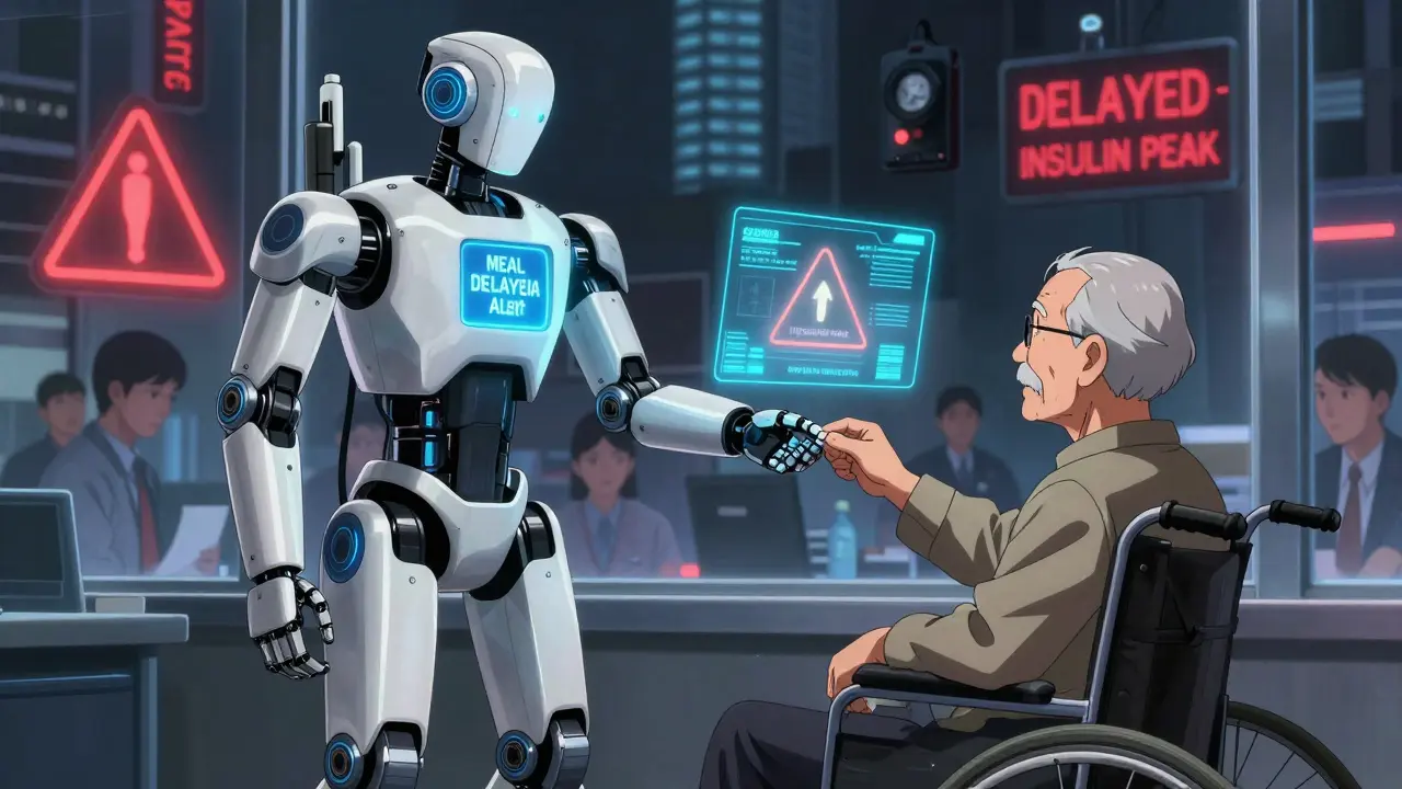A medical robot offers glucose to an elderly man as a holographic warning flashes about delayed meals.