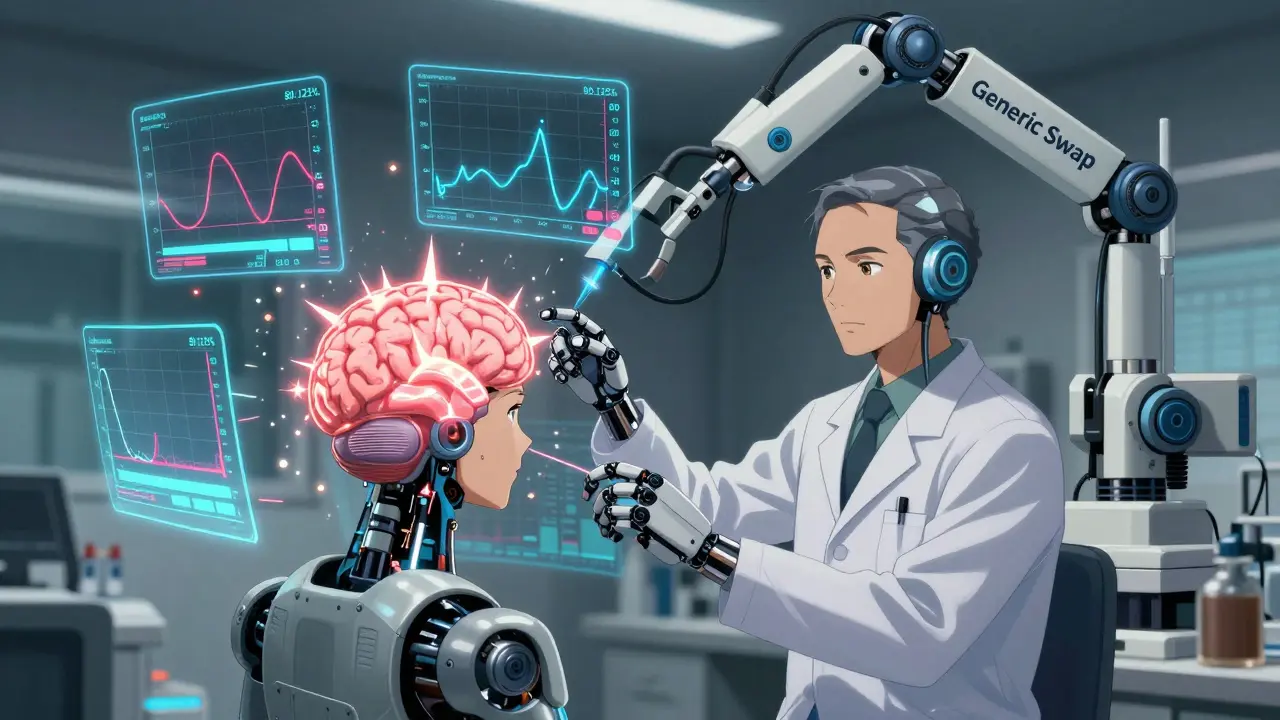 A neurologist facing holograms of unstable drug levels, with a patient's brain sparking from seizures.