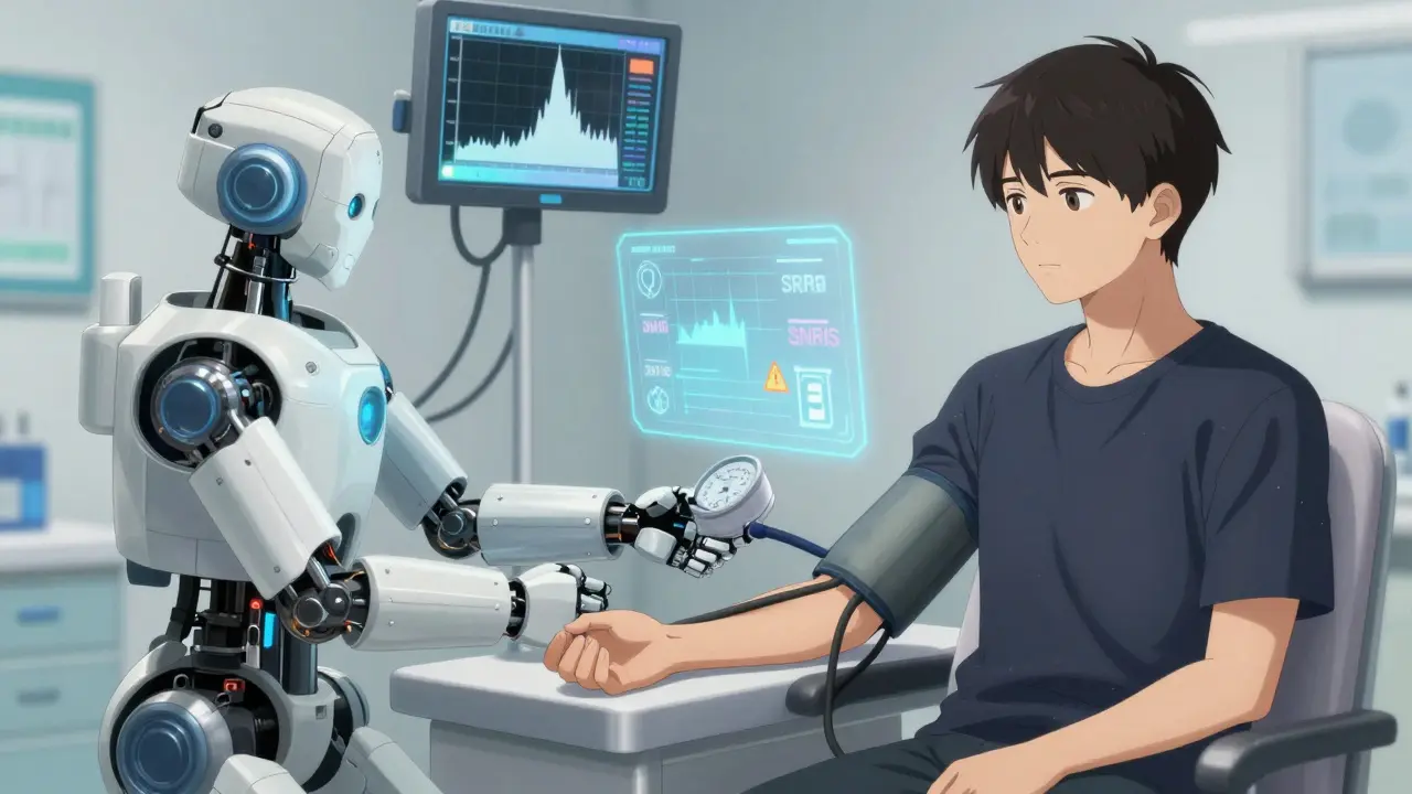 A patient being monitored by a robotic arm as their blood pressure spikes in a clinical setting.