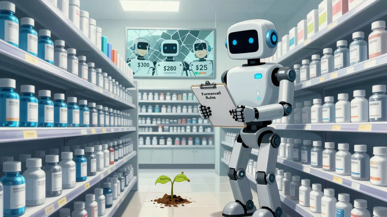 A patient stands before rows of pills in a pharmacy, watched by a robotic pharmacist with a blank face.