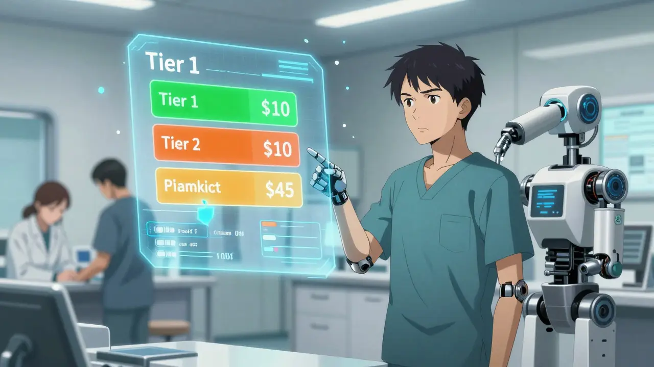 A patient views a holographic drug tier chart showing cheaper separate pills versus an expensive combo.