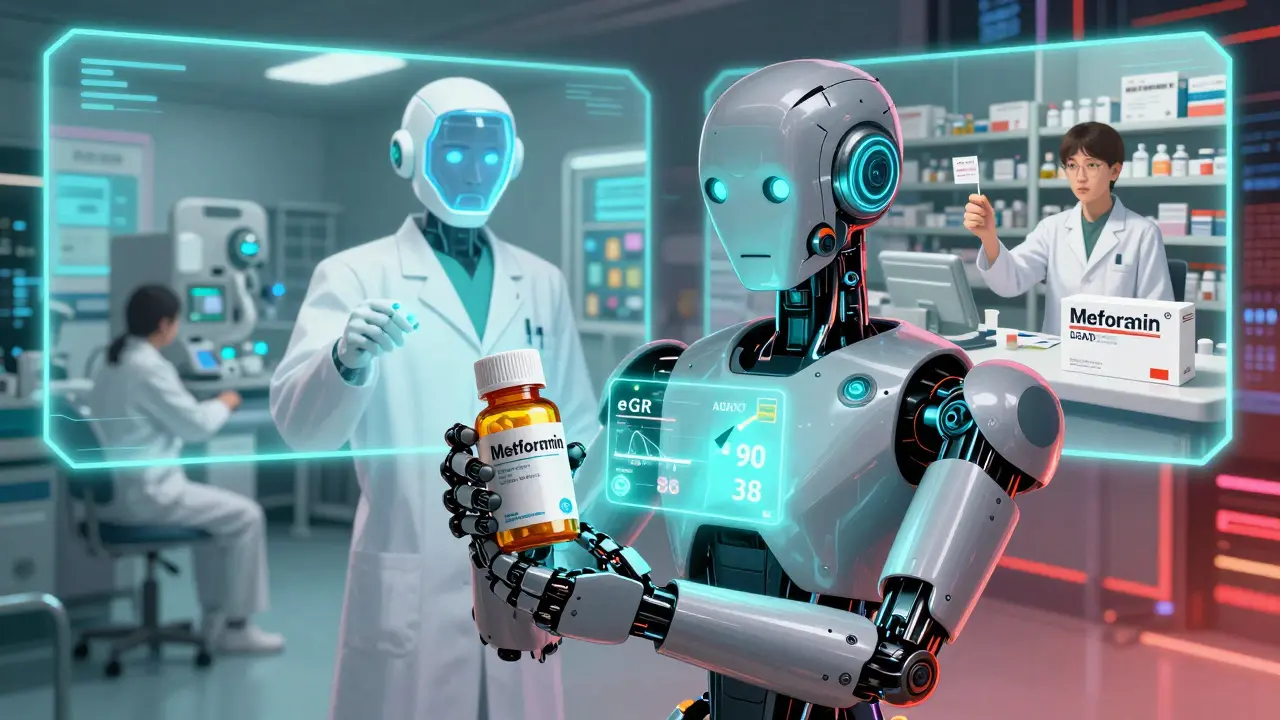 A patient watches a digital eGFR drop as a robotic assistant alerts them to a dangerous medication.