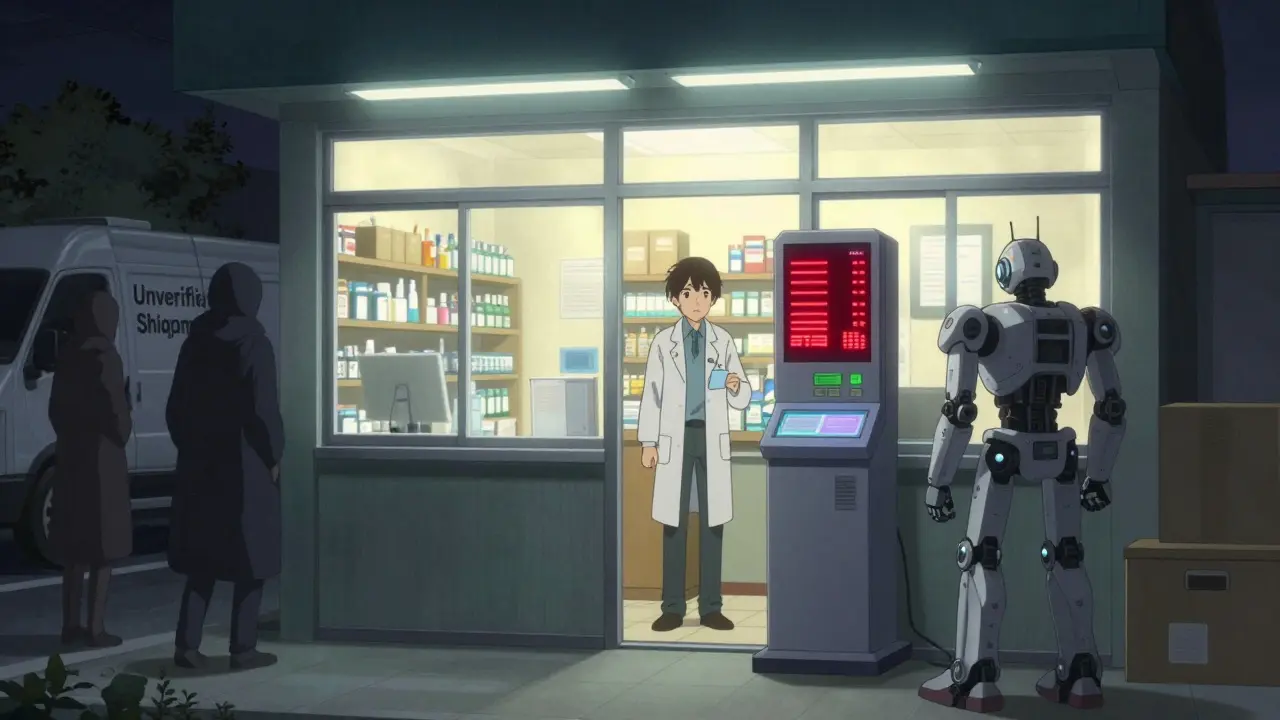 A pharmacist faces a red alert on a verification screen while an unverified shipment departs at night.
