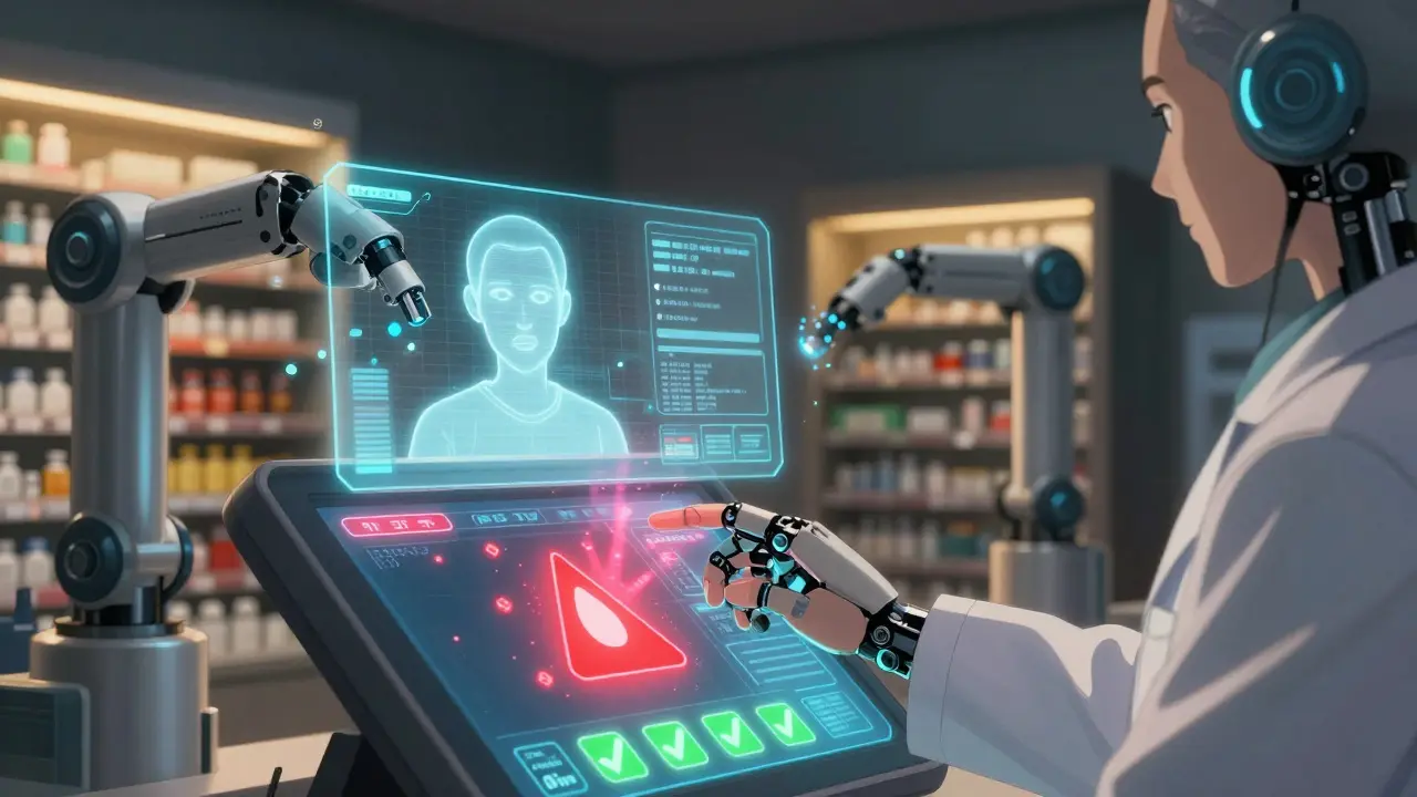 A pharmacist overrides a drug interaction alert with a holographic patient profile in the background.