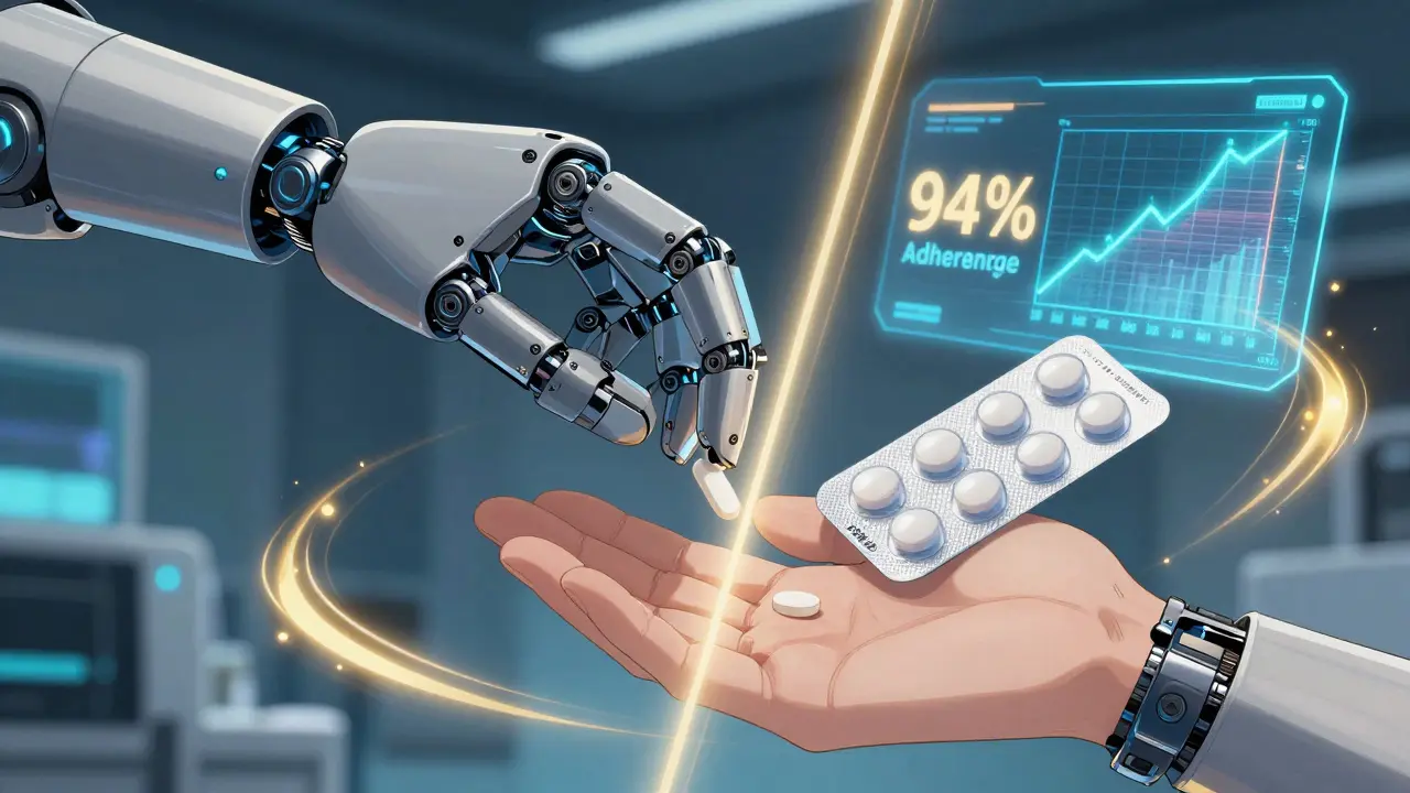 A robotic arm delivering a pill with split-screen showing branded and generic packaging, both surrounded by identical data streams.