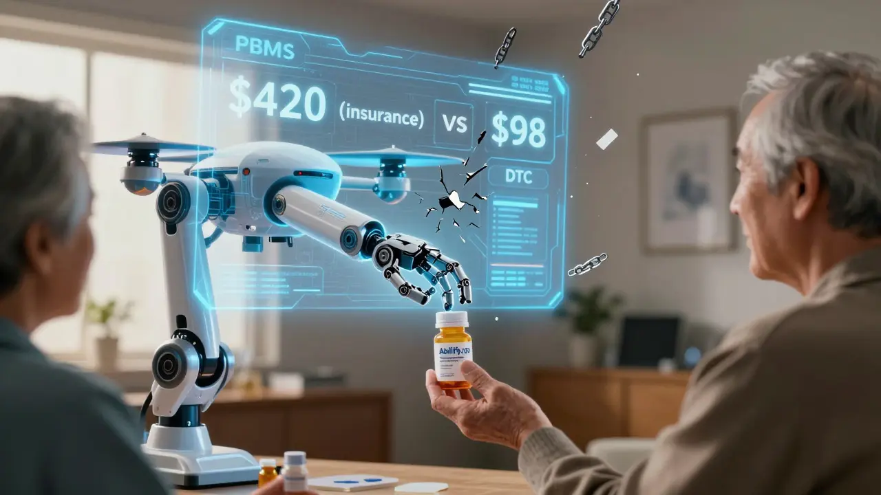 A robotic pharmacy drone hands a  pill bottle to an elderly patient in a warm apartment.