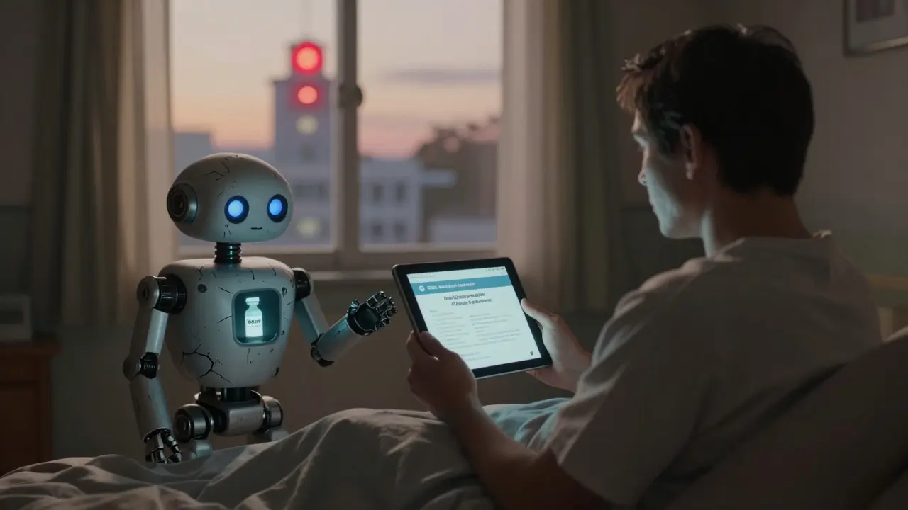 A rural patient stares at a drug shortage alert as a broken robot companion reaches out helplessly.