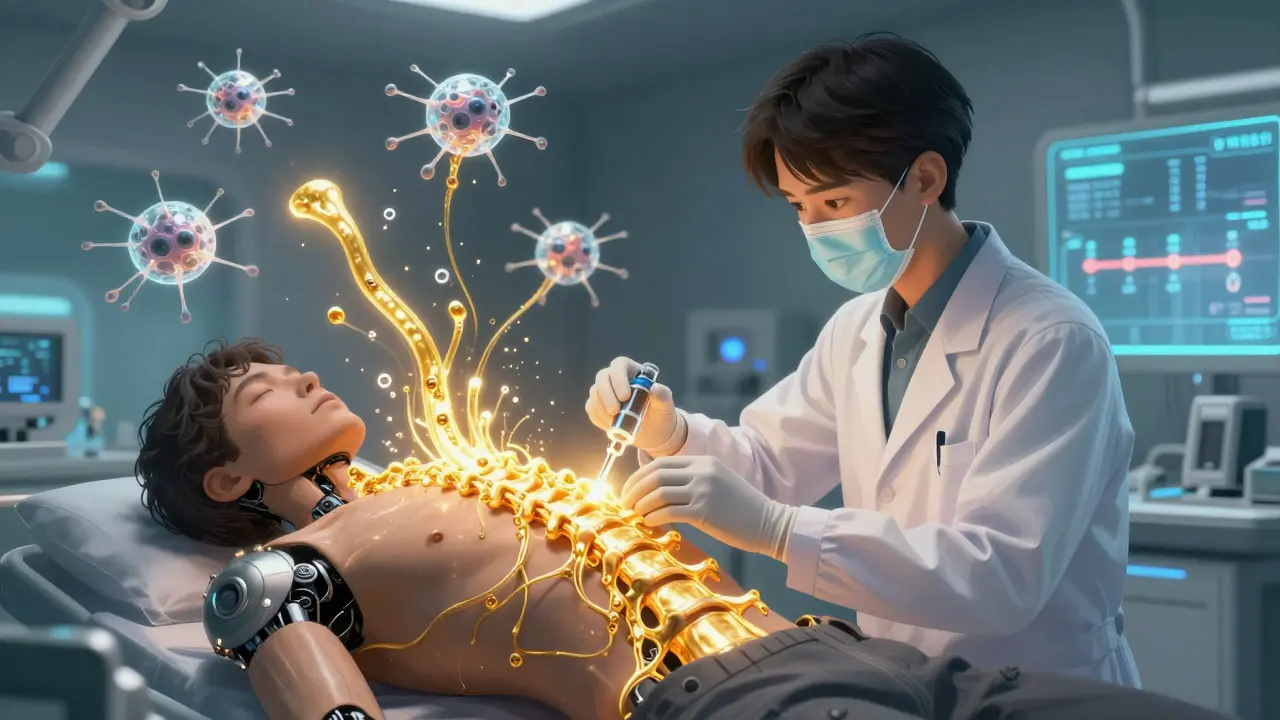 A scientist administers a regenerative serum that restores myelin along nerves, with deactivated immune drones overhead.