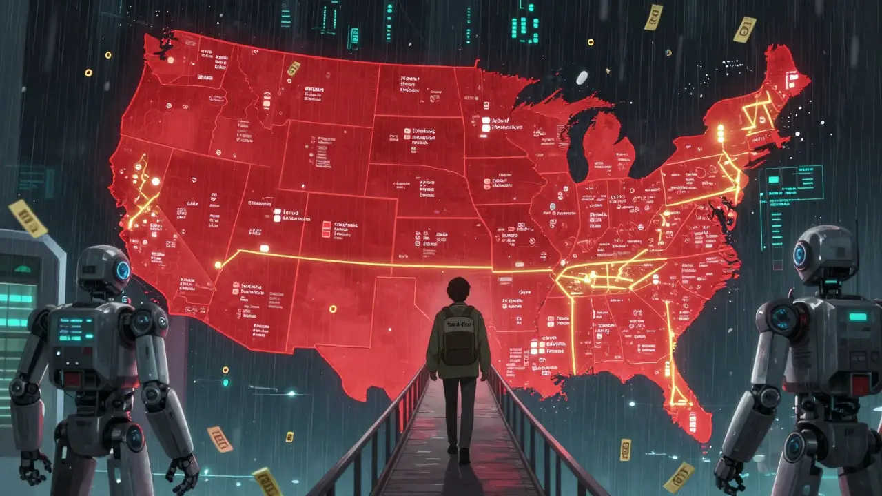 A traveler walks a bridge between robotic pharmacies on a map, with red zones marking unavailable drugs.