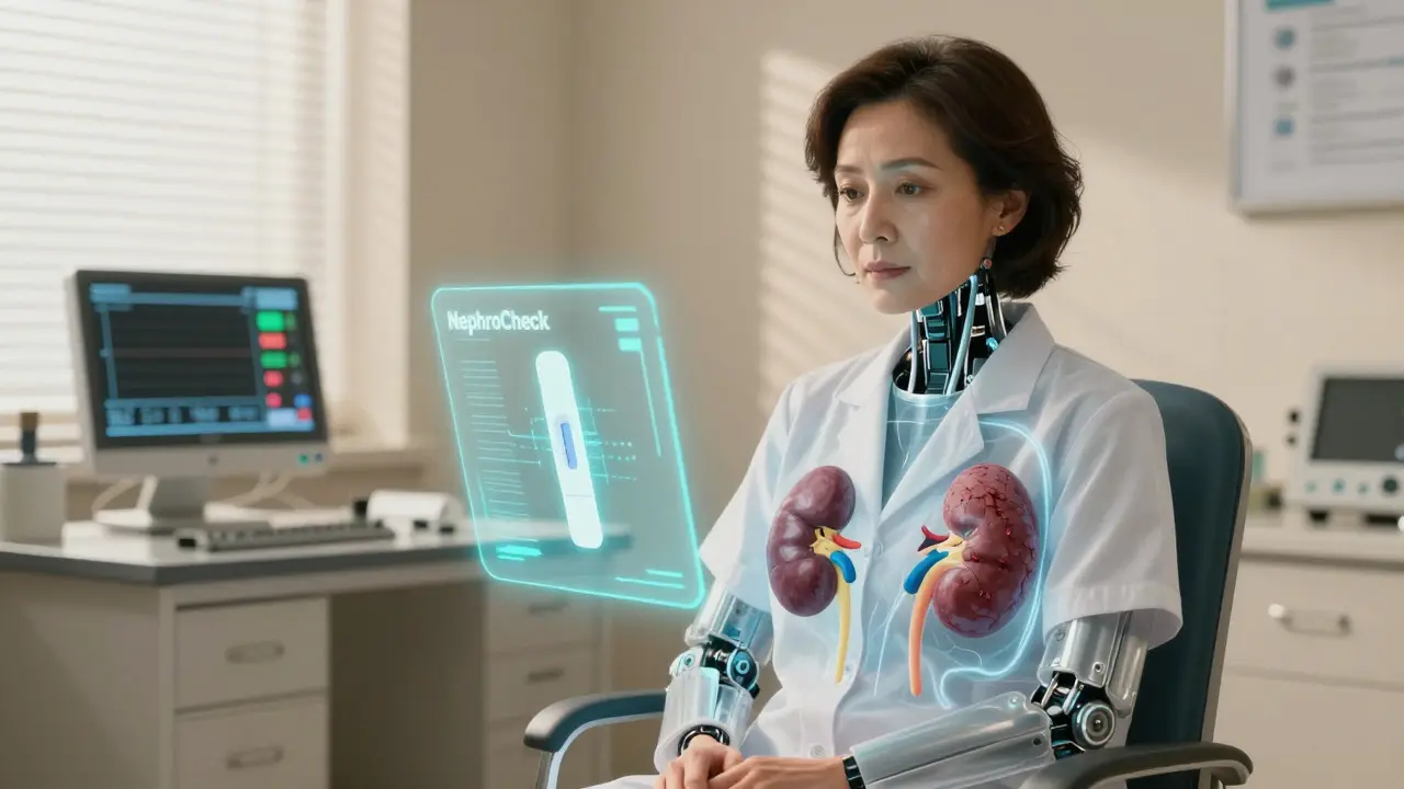 A woman with transparent body showing healthy and damaged kidneys, floating medical test holograms in background.