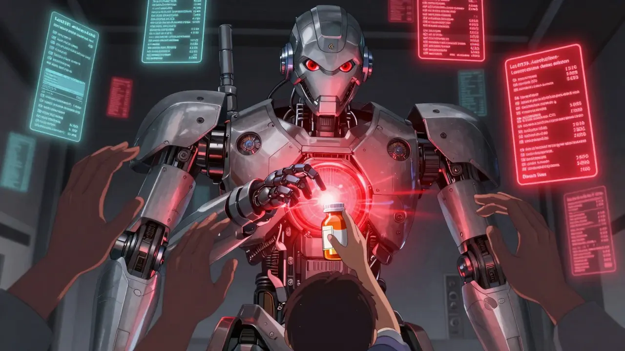 AI system analyzing reports, one alert triggers as a child holds a pill bottle in foreground.