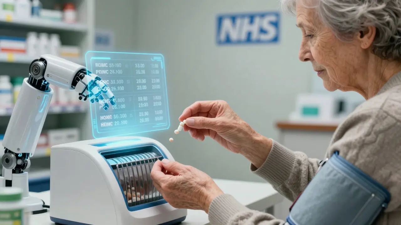 An elderly woman discards duplicate blood pressure pills as a holographic system adjusts her treatment plan.