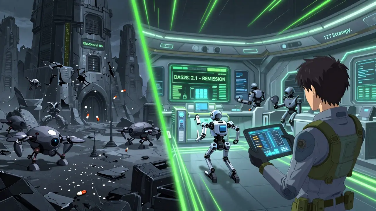 Battle between old-school RA fortress and high-tech T2T command center with real-time joint data displayed on screens.