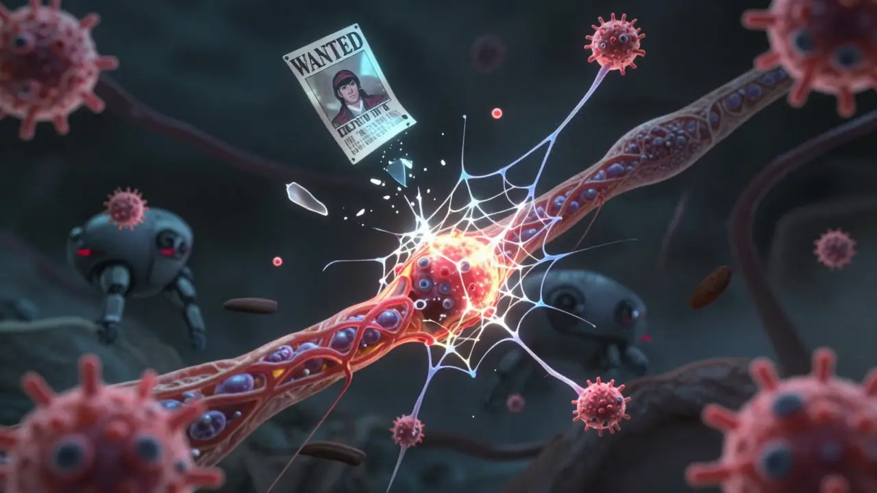 Dendritic cells display myelin fragments as wanted posters while neutrophils release toxic webs near a broken blood-brain barrier.