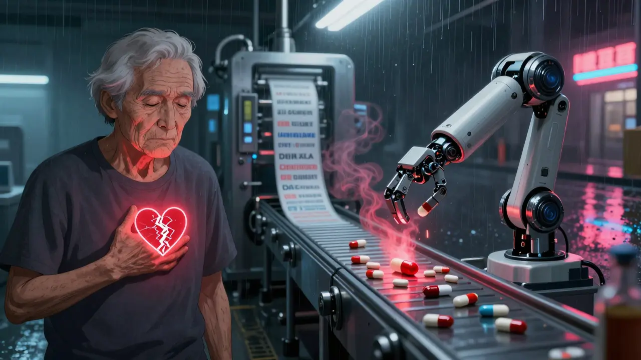 Elderly patient with cracking heart icon beside a factory producing defective generic pills.