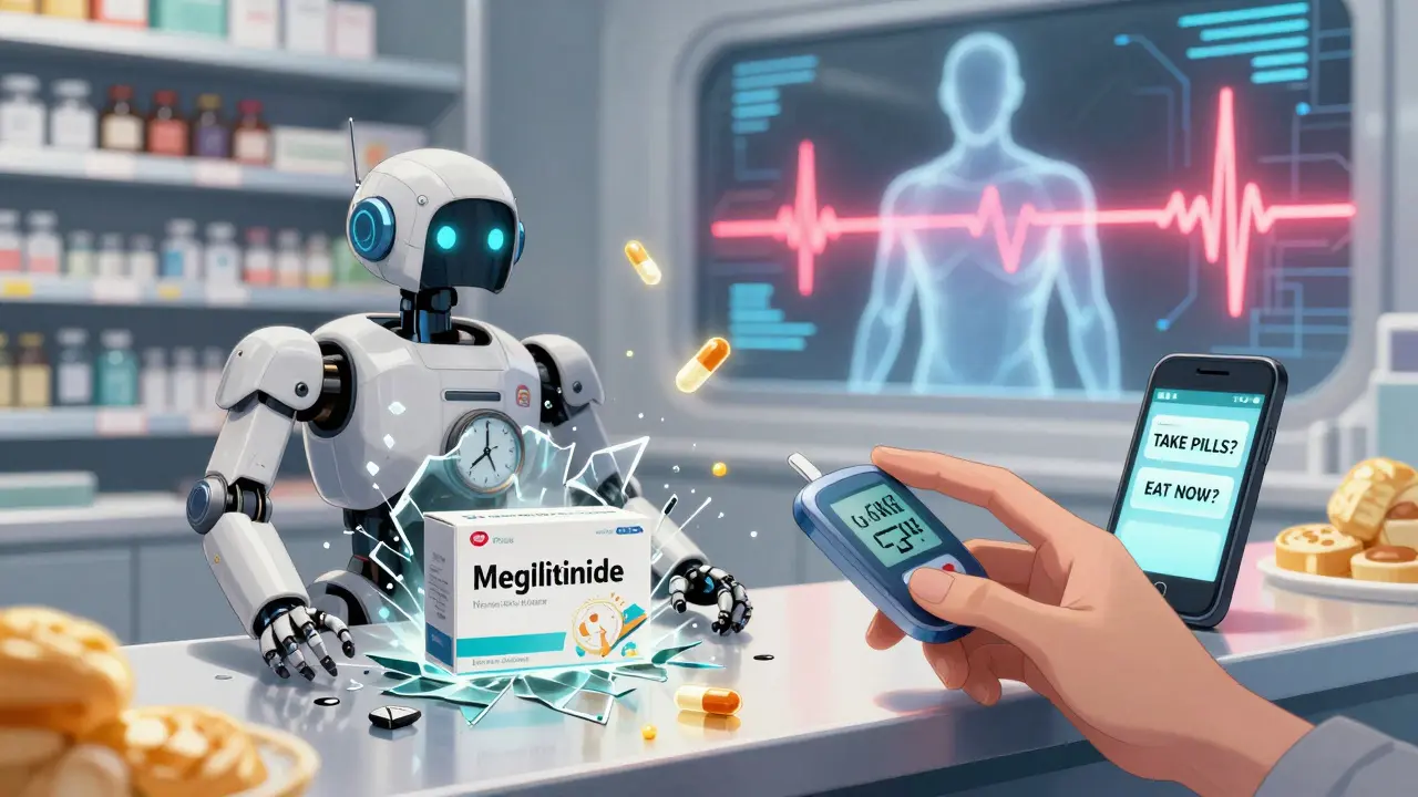 Floating diabetes pills surround broken clocks, while a person reaches for a glucose monitor and phone reminders.