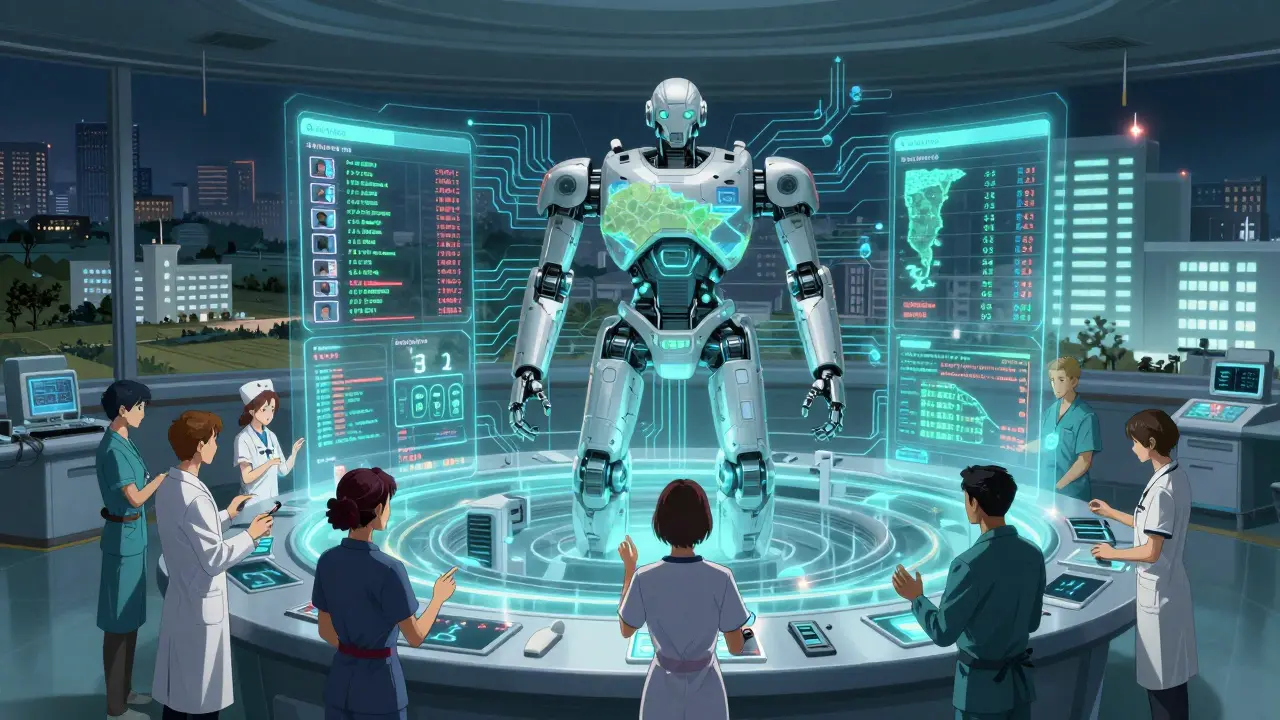 Healthcare team manipulates a holographic decision matrix to allocate limited cancer medication fairly.