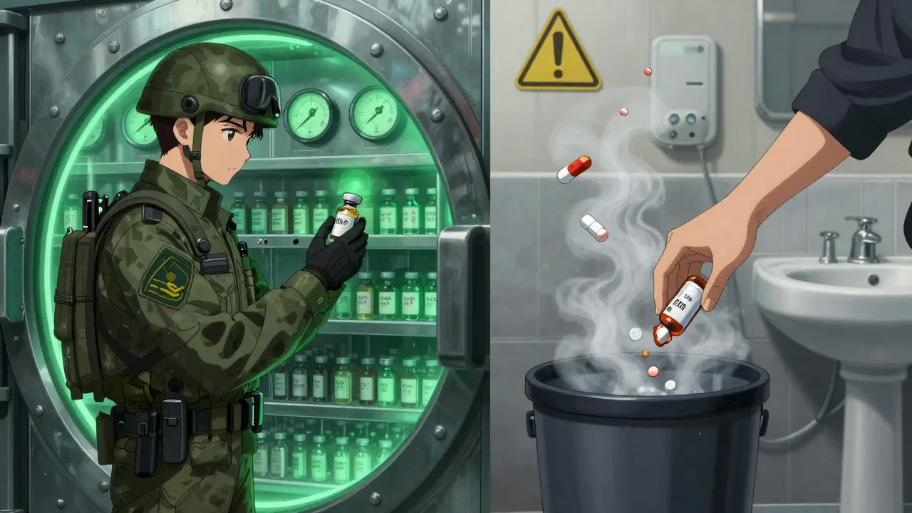 Military storage vault with expired meds vs. a steamy bathroom trash can, showing ideal vs. poor storage.