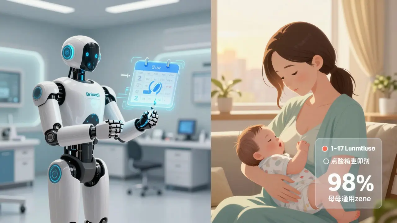 Mother receiving weekly buprenorphine injection, then breastfeeding her healthy baby at home.